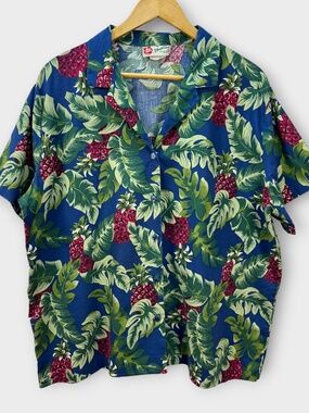 Vintage 80s Hilo Hatties Hawaiian Shirt Womens XL Tropical Pineapple Camp Aloha